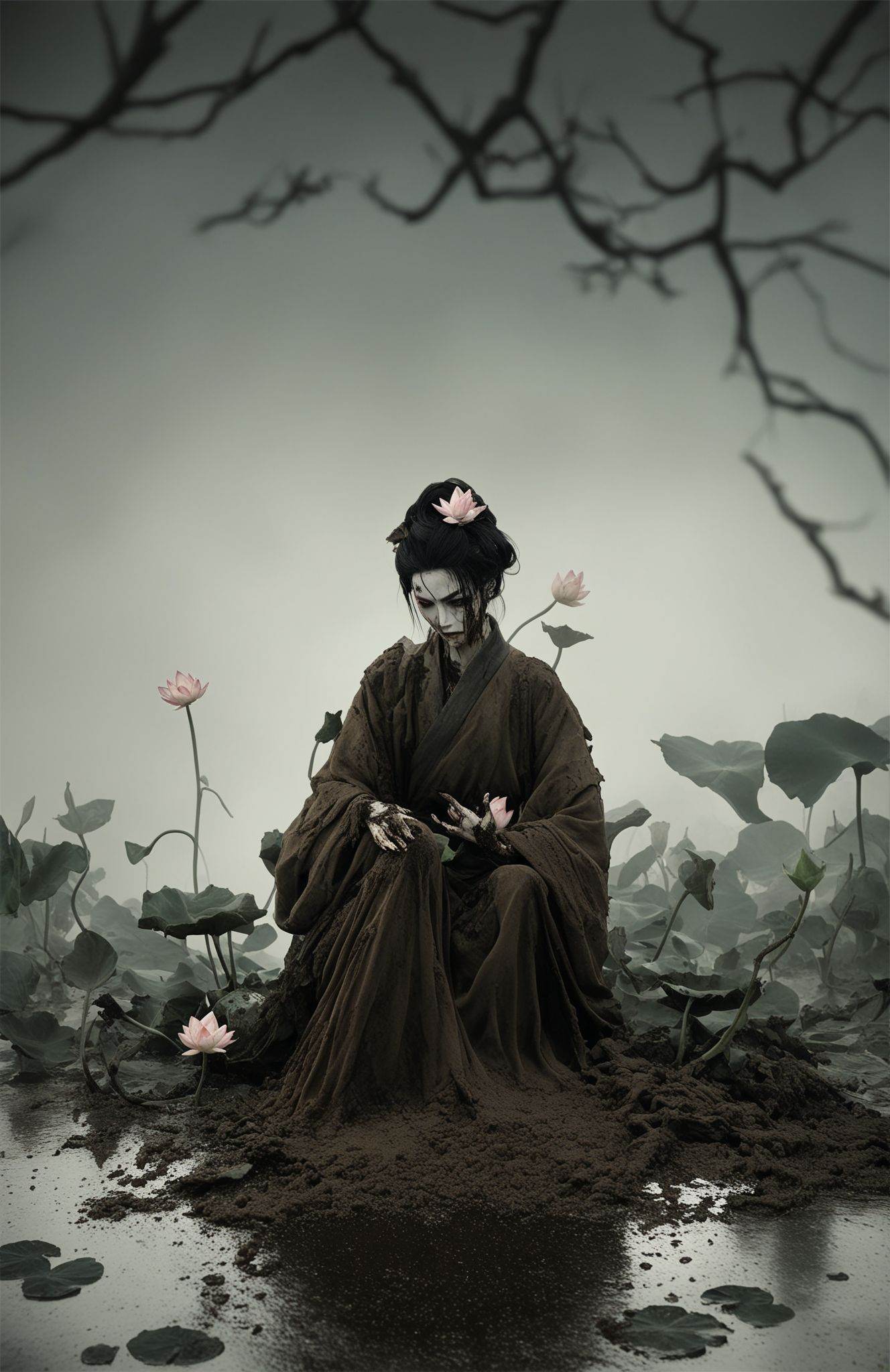 score_9,score_8_up,score_7_up,score_6_up,score_5_up,xiexinghanfu, a figure dressed in traditional Chinese attire, sits amidst a desolate setting. The clothes are tattered and covered in mud, suggesting a journey through harsh conditions. In the figure's hands, a delicate lotus flower introduces a contrasting element of purity and beauty amidst the decay. The backdrop of twisted branches and a bleak landscape further accentuates the resilience symbolized by the lotus.