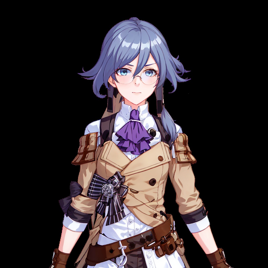 1girl, ascot, blue_eyes, boots, bow, brown_footwear, fu hua, full_body, glasses, long_hair, solo, transparent_background<lora:符华-崩三-迅羽-雾都:0.8>