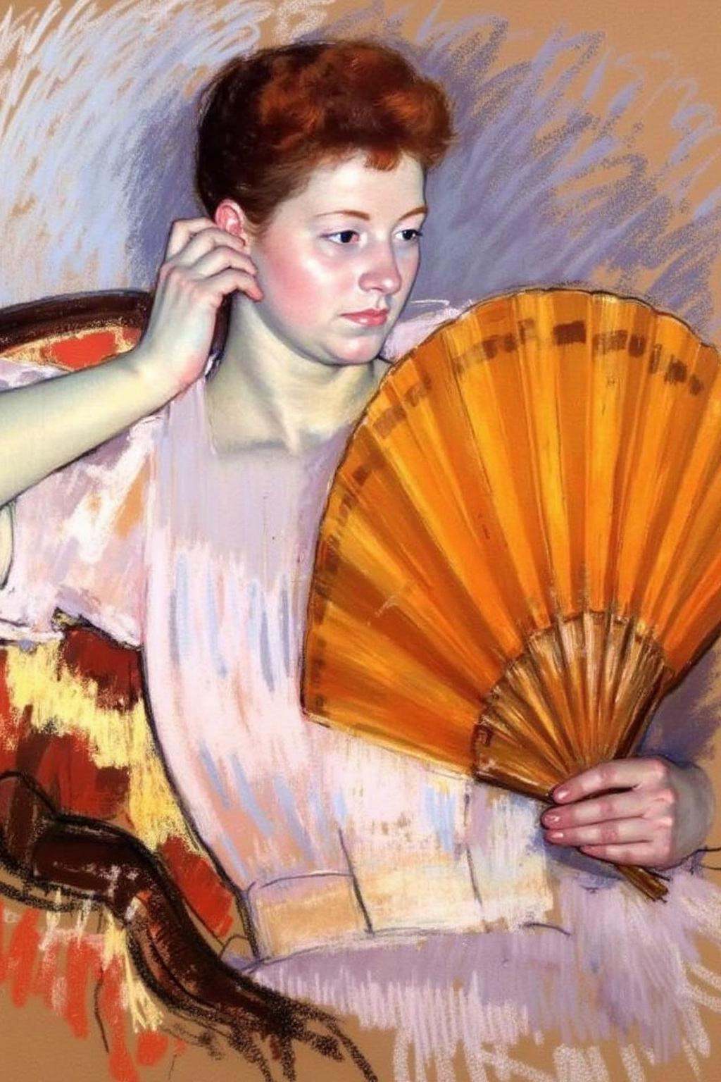 marycassatt2 drawing.A woman is sitting on a sofa,  her head slightly tilted as she looks at a fan held in her right hand....