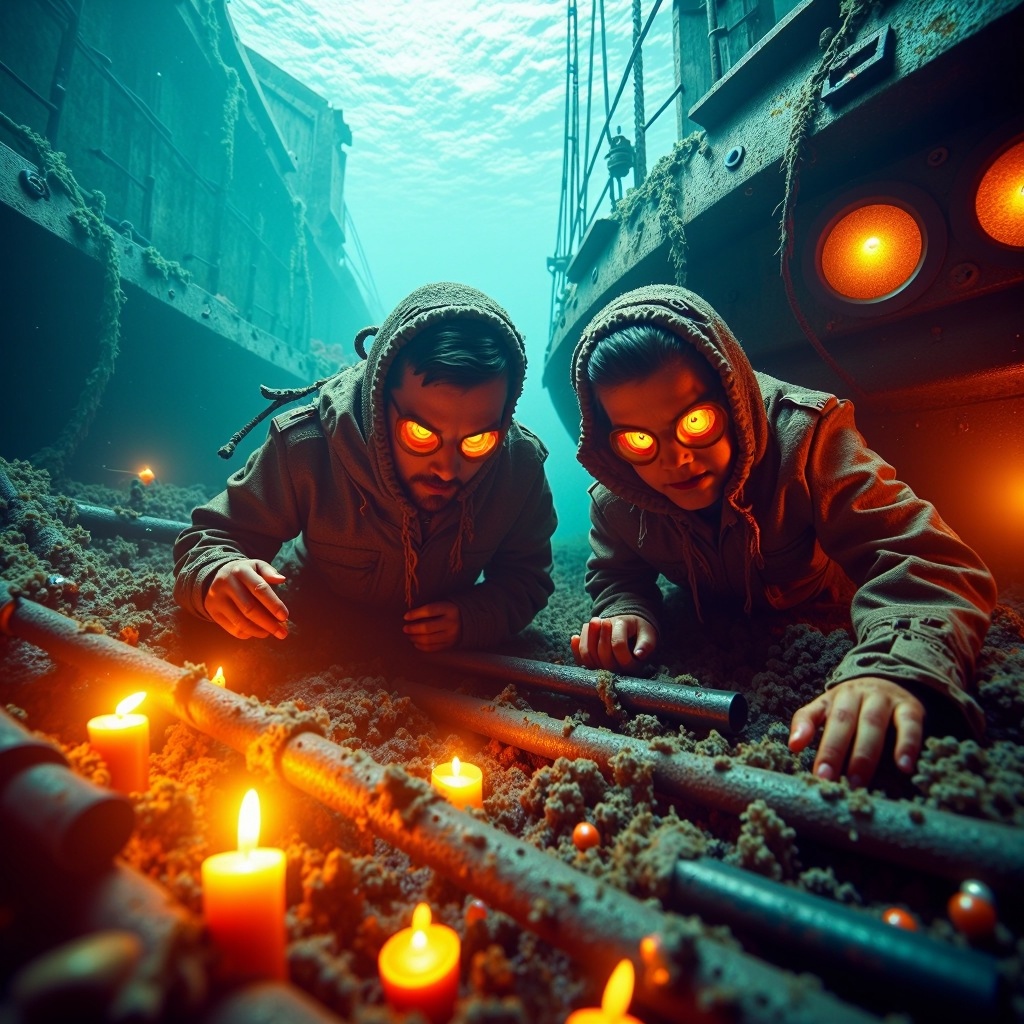 HalloweenGlowStyle orange themed Treasure hunters exploring a sunken ship,  dimly lit,  warm color palette on Tensor.Art