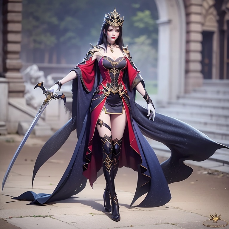 1girl,1girl,weapon,sword,long hair,black hair,solo,boots,holding,full body,gloves,holding weapon,dress,hat,holding sword,fur trim,white gloves,looking at viewer,veil,