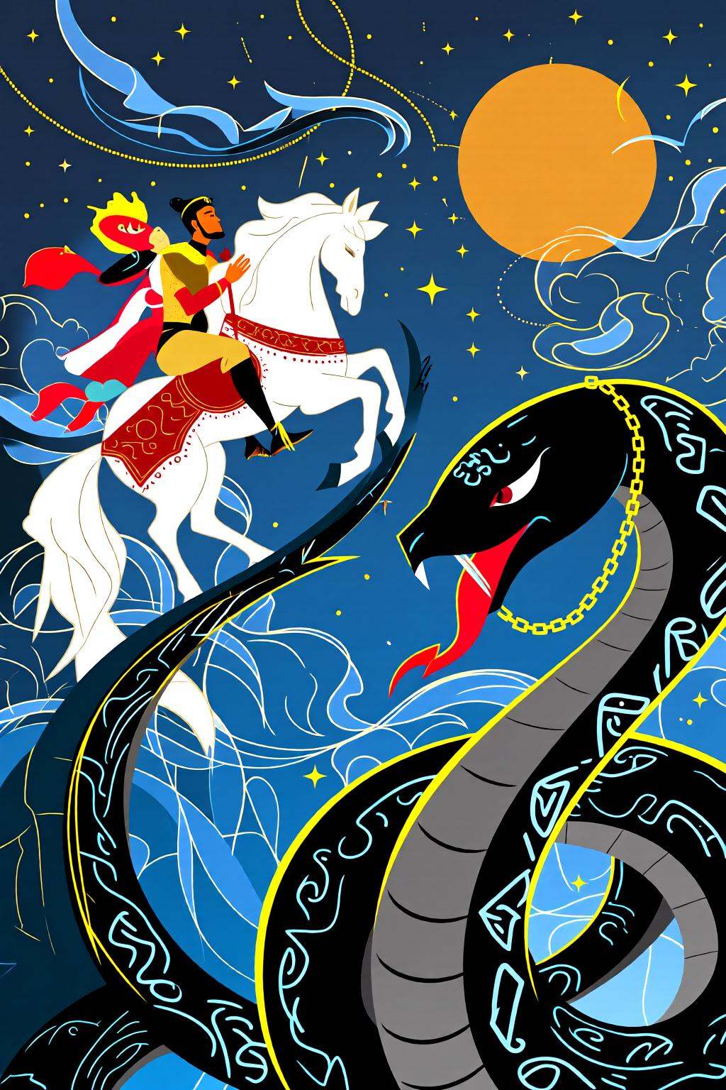 flatcolorvectorart2q illustration.A man and a woman in an elaborate outfit ride a white horse with red and gold patterns a...