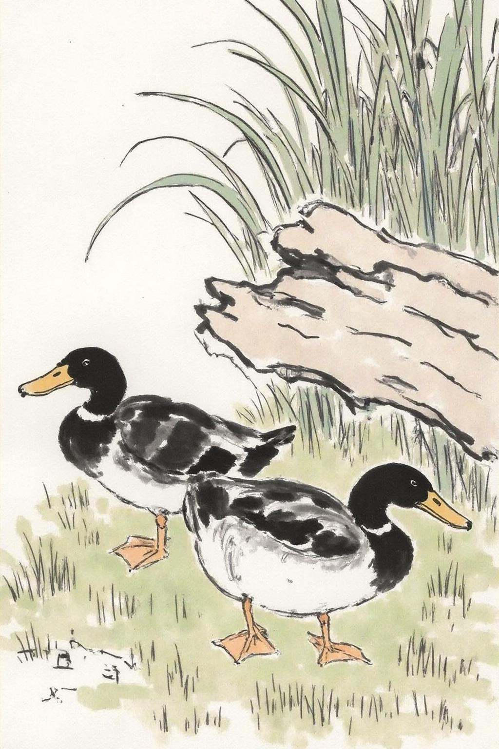 xbh1 minimalist ink painting. The three ducks are standing on grass. There are some tall grass and a wood log in the backg...