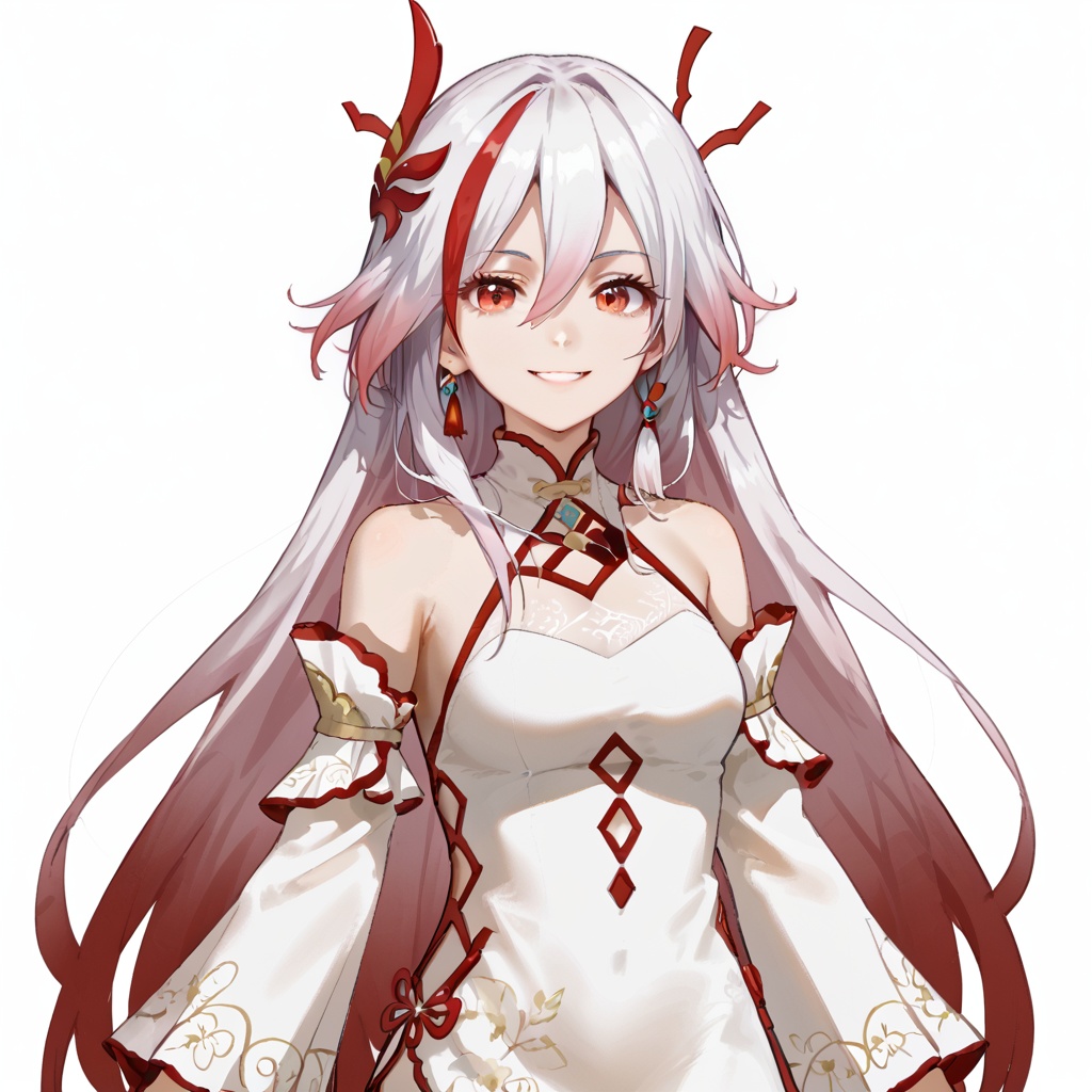 (white background:1.2),looking at viewer,(SOLO:1.4),outline,simple background,upper body, cowboy shot,looking at viewer,(((arms at side))),  fu hua, long hair, bangs, hair ornament, red eyes, hair between eyes, white hair, multicolored hair, streaked hair, smile, small breasts, red hair, pink hair,low-tied long hair,jewelry,high heels,detached sleeves,dress,bare shoulders,long sleeves,wide sleeves,gem,white dress,china dress,very long hair<lora:wszy-pony:0.8>