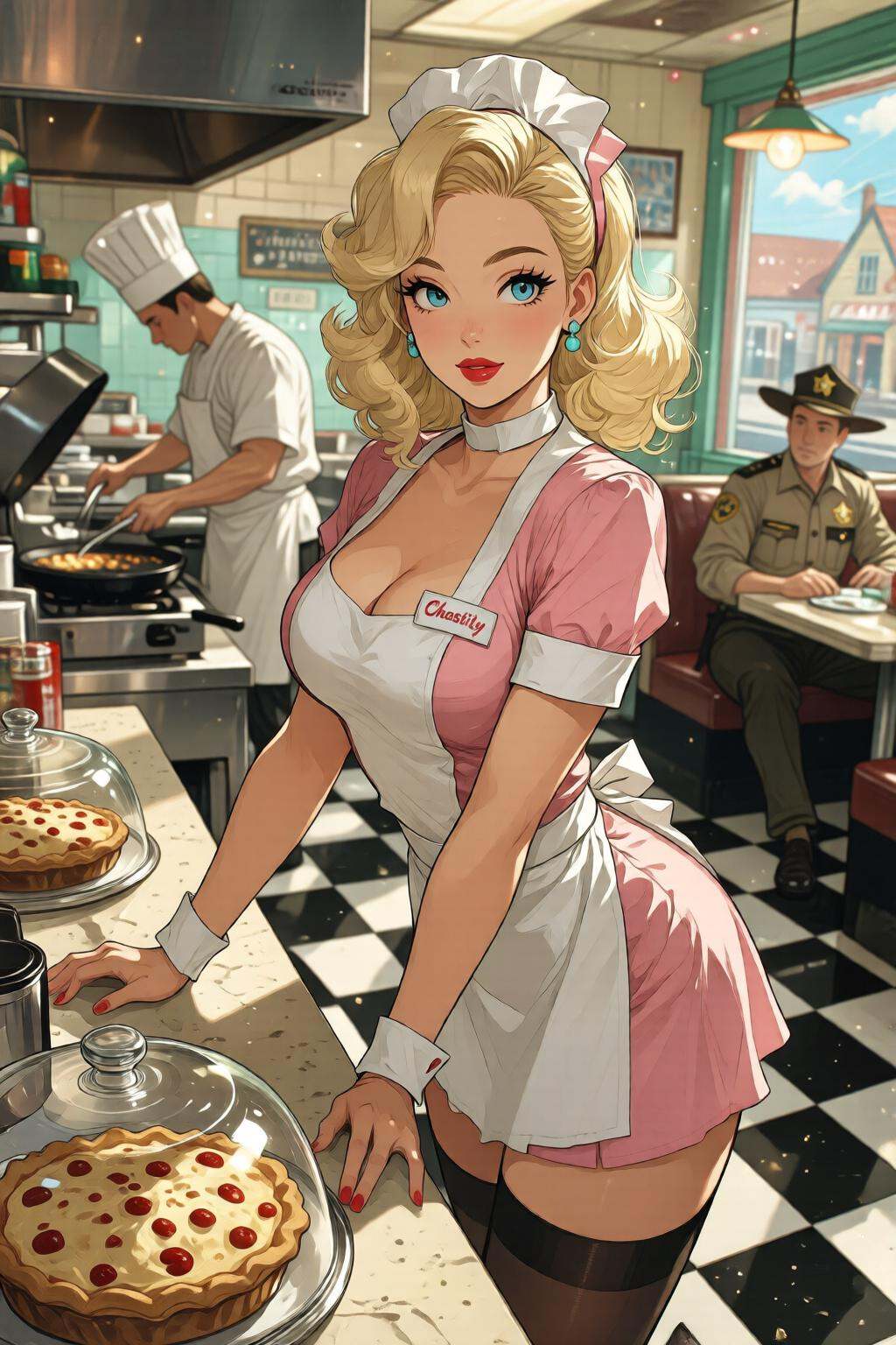 nijidigital3q anime illustration. A waitress named Chastity standing behind the formica counter of a sun-drenched,  classi...