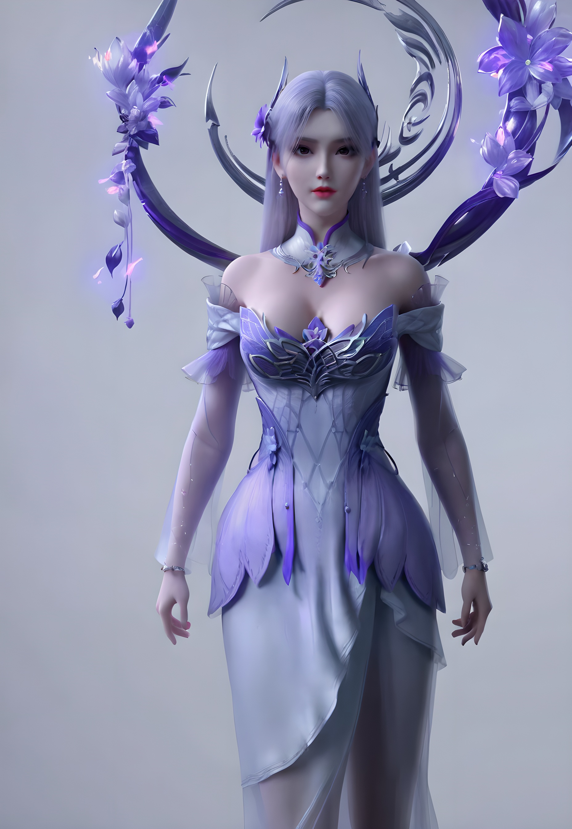 score_9,score_8_up,score_7_up,<lora:SF_XiaoYiXianDouZun_Pony-000004:0.7>,1girl,solo,standing,dress,breasts,large breasts,red lips,jewelry,hair ornament,earring,looking at viewer,white background,