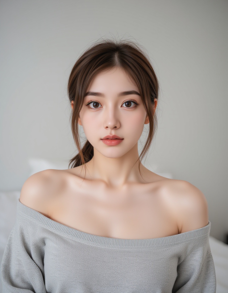 A young asian woman with fair skin and long,  straight brown hair styled in a loose ponytail with some strands framing her...