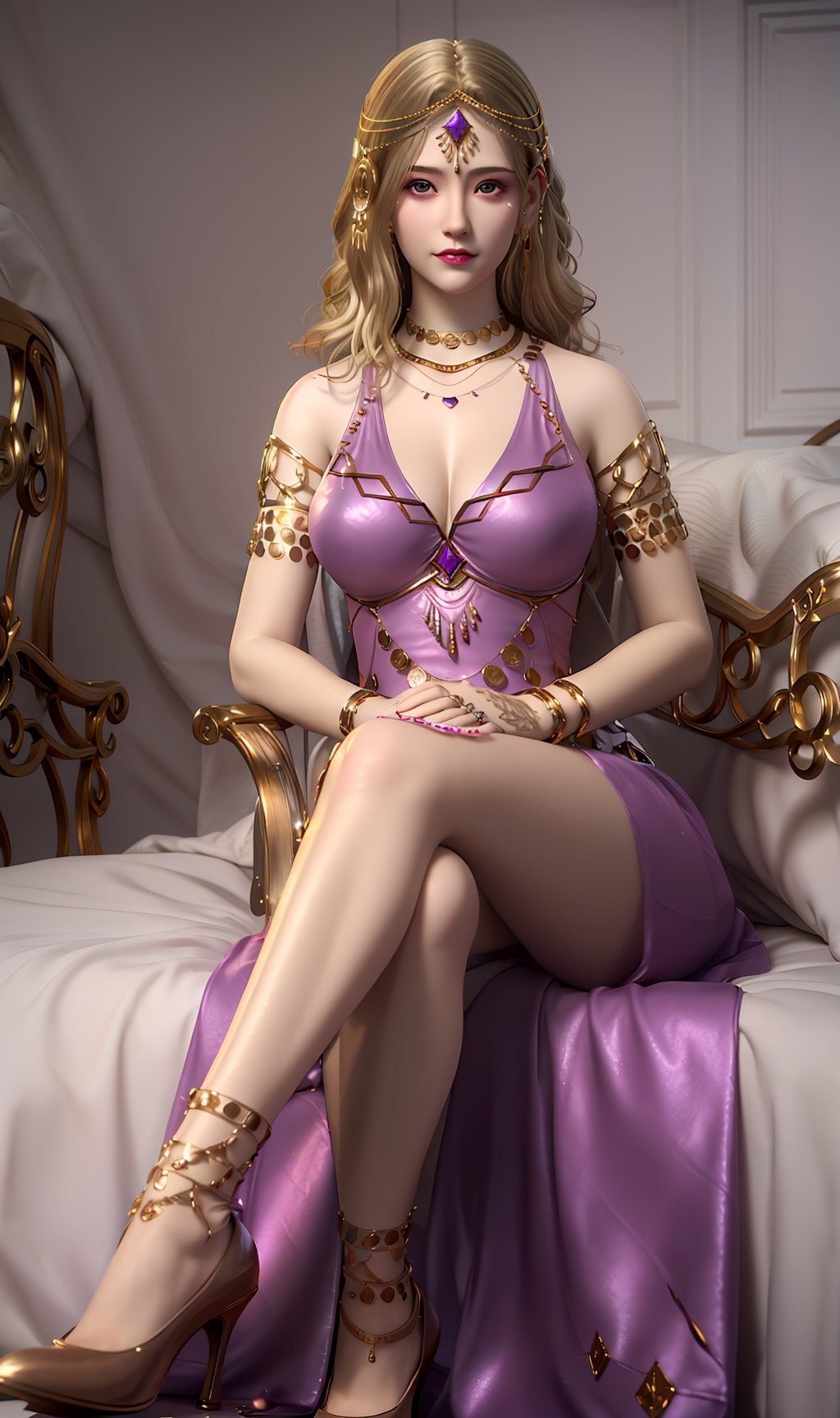 3D,masterpiece,(best quality),(makeup),official art, extremely detailed cg 8k wallpaper,((crystalstexture skin)), (extremely delicate and beautiful),(highly detailed),(face),(tiara),(gold_trim),(bracelet),(1girl), (solo), (jewelry), (earrings),(blonde_hair),(long_hair),(hair_ornament),(handwear),(breasts),(sitting),((full_body,whole_body)),(closed_mouth),(long_dress),(long_skirt),(shiny_clothes),(city,indoor,bed),((long_legs)),,((looking_at_viewer)),((Facing the camera)),(high_heels),, <lora:hipoly3DModelLora_v10:0.3>
