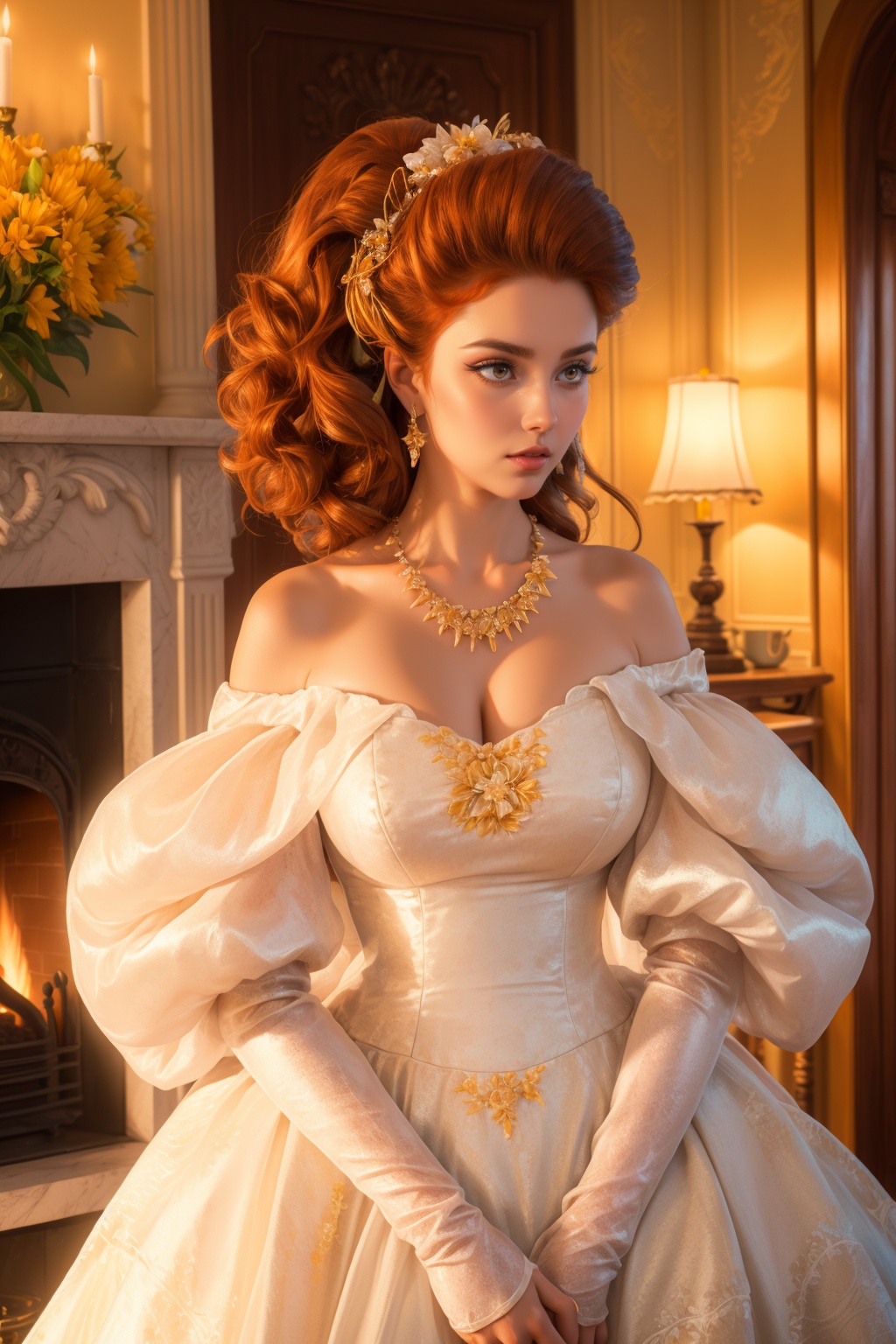 ***** beautiful tall woman,  (ginger hair) (voluminous puffy sleeves shoulders off-shoulder) ,  solo on Tensor.Art