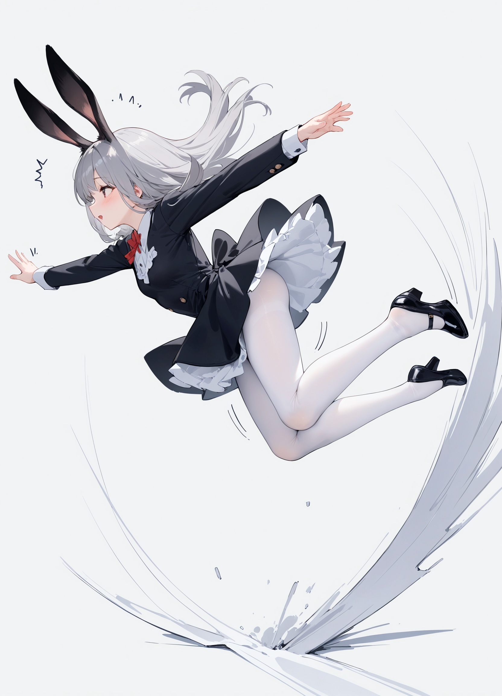 masterpiece, best quality, 1girl, solo, long hair, shoes, animal ears, rabbit ears, pantyhose, single shoe, white pantyhose, dress, outstretched arms, grey hair, long sleeves, falling, white background, falling, , from side,motion lines, ^^^,trembling,falling down, get on the ground
