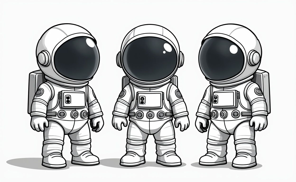 miluo_sst,,cartoon，A group of three cartoon astronauts standing next to each other.,three-view drawing <lora:卡通三视图-flux--1.6:1>