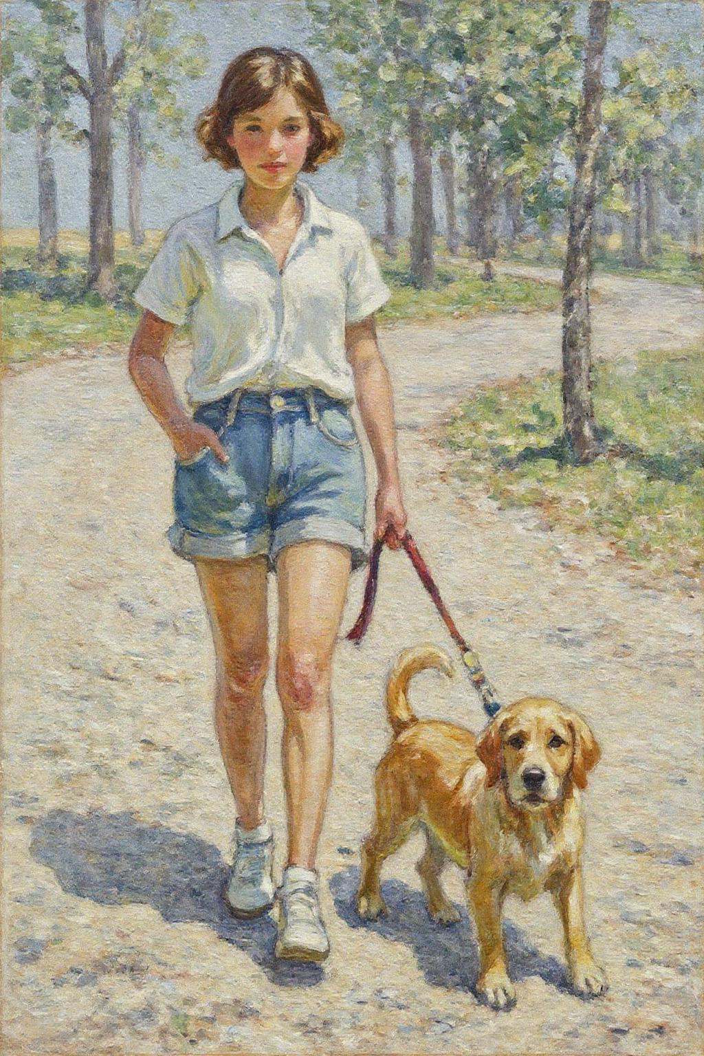 dorotheasharp1 painting. A young woman,  wearing a white short-sleeved shirt and short jean shorts,  walking a golden retr...