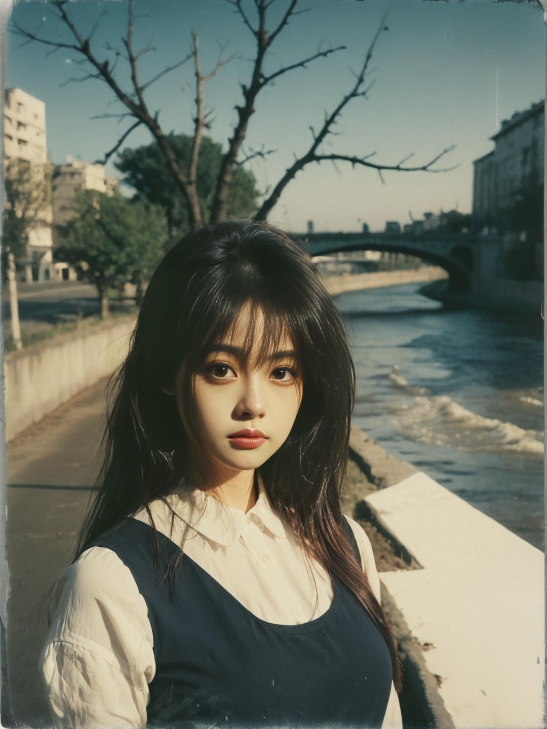 fushistyle,1girl,bust photography,tree,river,street,film texture,absurdres,incredibly absurdres,huge filesize,bust,city,dusk,field,real,photography,movie style,reality,realistic,photo_(medium),polaroid,