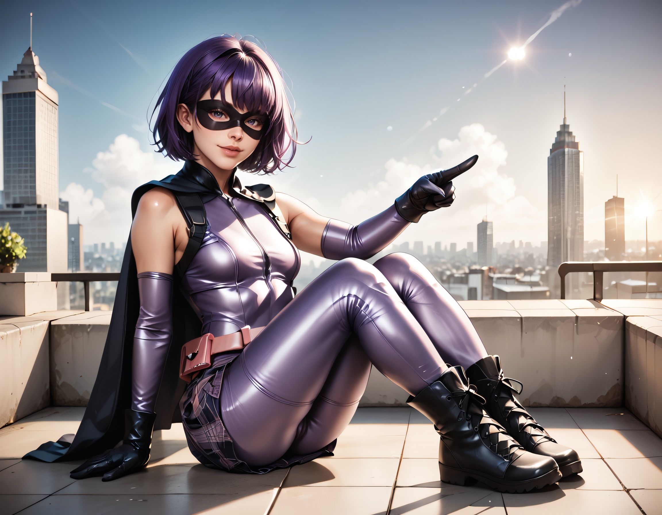 hitgirlcosplay,  [side view]A girl,  posing with a superheroic pose on Tensor.Art