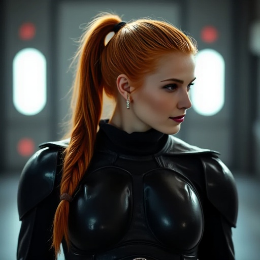 A beautiful 40 year old woman with long ginger hair pulled back into a tight and high ponytail. She wears shiny black spac...