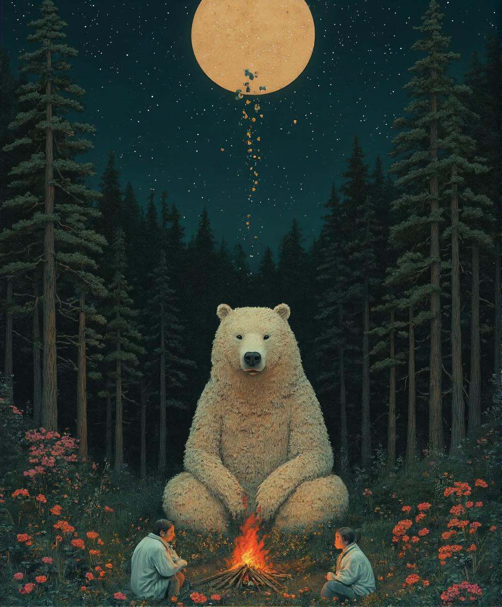 Mj2655 a bear sitting in the middle of a forest at night,  surrounded by three people sitting around a campfire. The bear...