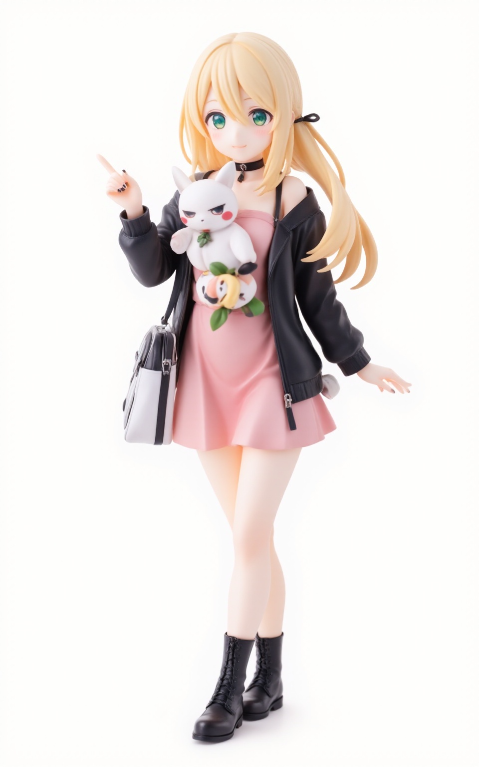 pvcstyle,1girl,green eyes, closed mouth, pokemon \(creature\), black nails, nail polish, boots, long hair, white background, bag, dress, jacket, holding pokemon, blonde hair, smile, simple background, long sleeves, choker, black footwear, looking at another, pink dress, hair between eyes, black choker, black jacket, ponytail, holding, short dress, holding bag, ankle boots, pokemon on arm, full body, hair over one eye,masterpiece, newest, absurdres, safe<lora:pvcstyle:1>​​​