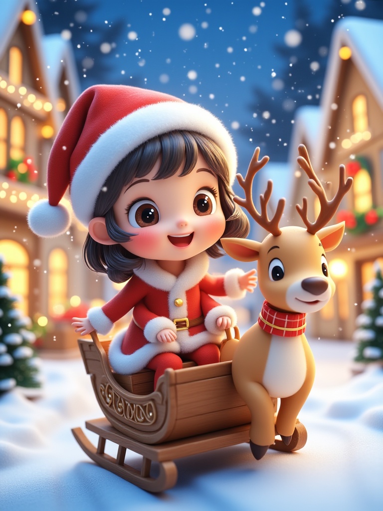miluo_sdj, This is a digital illustration featuring a cute, young girl with a round face and rosy cheeks, wearing a classic red Santa Claus outfit with a fluffy white trim. She has shoulder-length, wavy brown hair peeking out from under her red Santa hat with a white pom-pom. The girl is joyfully sitting on a wooden sled decorated with gold and red accents, which is being pulled by a friendly reindeer with a red collar and a jolly expression. The reindeer's antlers are adorned with small red ornaments.The background is a snowy, festive town square at night, with warm, glowing streetlights and Christmas decorations. Snowflakes are gently falling, adding to the cozy, winter atmosphere. The houses in the background are lit up warmly, with festive lights and wreaths, enhancing the holiday spirit. The overall style is whimsical and cartoon-like, with soft, vibrant colors and a polished, glossy finish, typical of digital illustrations aimed at children. The girl's large, expressive eyes and the reindeer's friendly demeanor convey a sense of warmth and holiday cheer.<lora:miluo丨圣诞场景-卡通世界-flux-1.3:1>