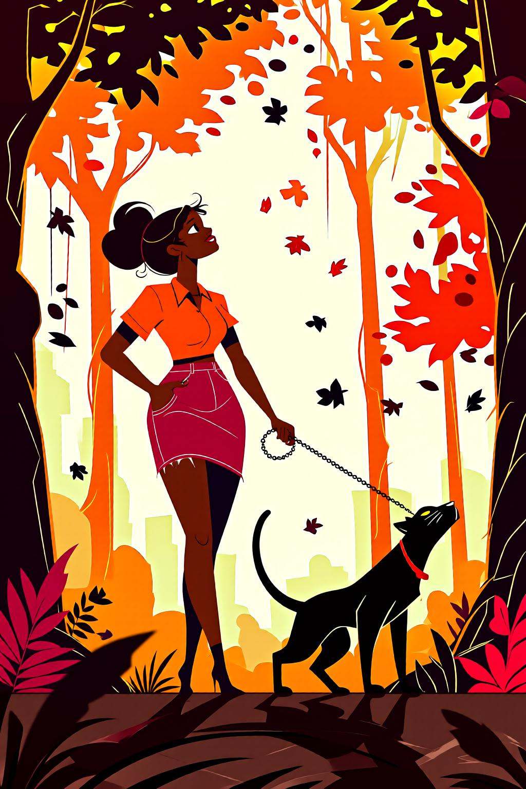 flatcolorvectorart2q illustration.A woman,  wearing a short-sleeved shirt and red jean miniskirt,  walking a black panther...