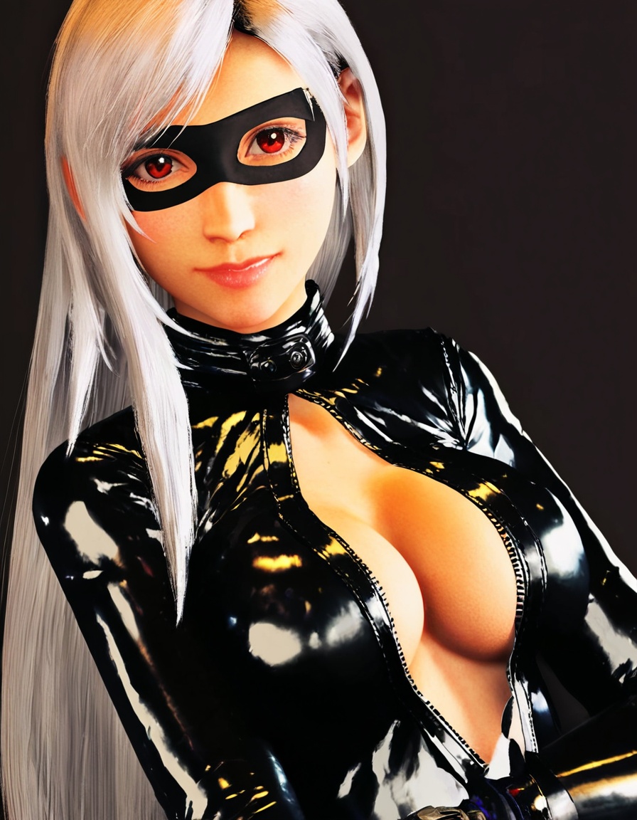 TifaCatsuit,  Create a high-resolution digital portrait of a young woman with long silver hair,  wearing a sleek black lea...