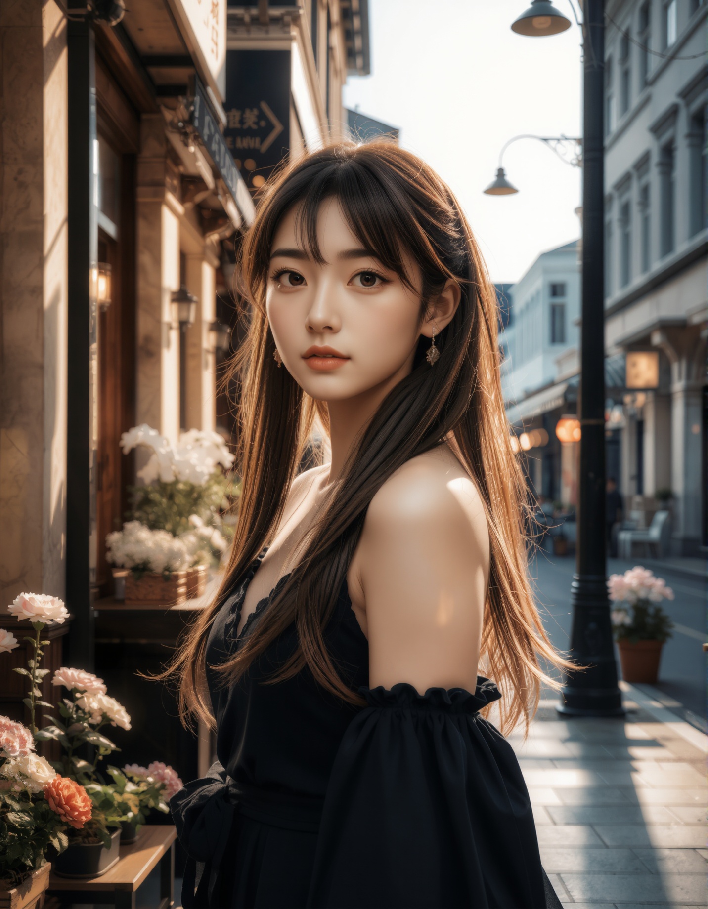 A photograph of an incredibly beautiful 18-year-old girl with long,  stylish gradient brown hair,  standing confidently at...