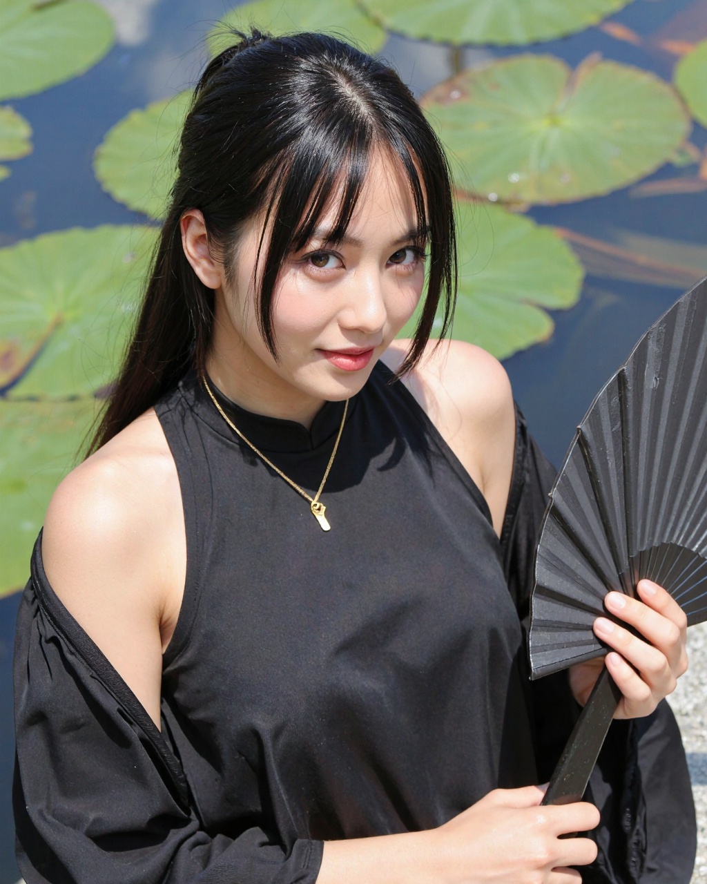 This is a high-resolution photograph of a young East Asian woman with fair skin and long,  straight black hair,  styled in...
