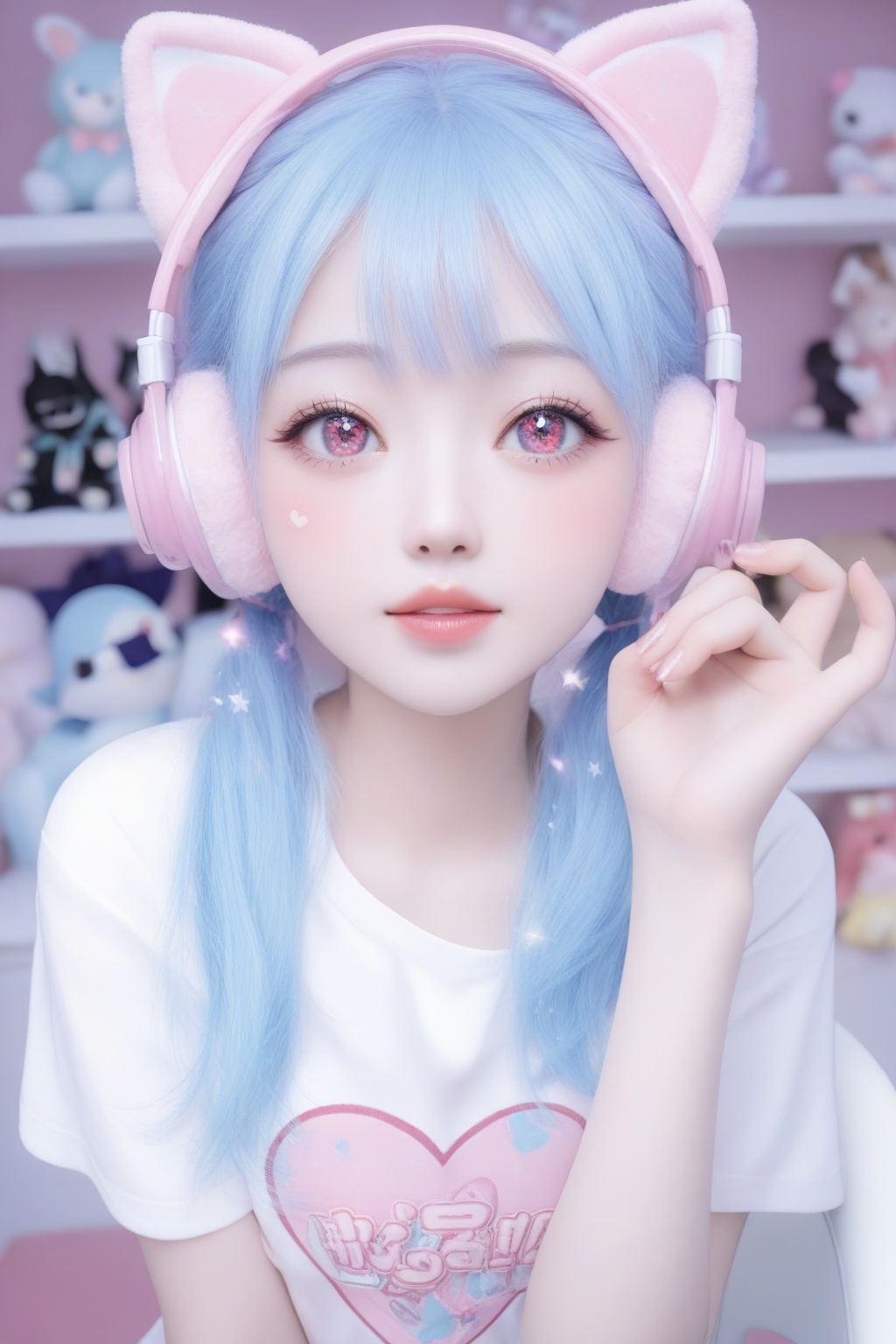 kawaii girl with soft aesthetic, ice blue long twin tails hair with straight bangs covering one eye, striking almond-shaped eyes with pink contacts and dramatic lashes, soft pale skin with rosy cheeks, wearing oversized light blue anime graphic t-shirt with manga character print in black and white, white and pink nekomimi headphones with fluffy cat ears, delicate heart-shaped face, soft ambient room lighting, pastel blue and pink color scheme, white gaming chair in background, cute plush toys on shelf, ethereal sparkle effects around face, professional beauty lighting setup, shot with Sony A7S III camera, 85mm portrait lens, shallow depth of field, high-key lighting style, ultra-detailed hair texture, glossy lips with subtle pink tint, cute kawaii hand gestures, highly detailed anime merchandise visible in shot, Japanese idol photo style, emphasis on large expressive eyes and innocent expression, 8k resolution, perfect cosplay makeup application, soft dreamy atmosphere,cute girl,photorealistic,