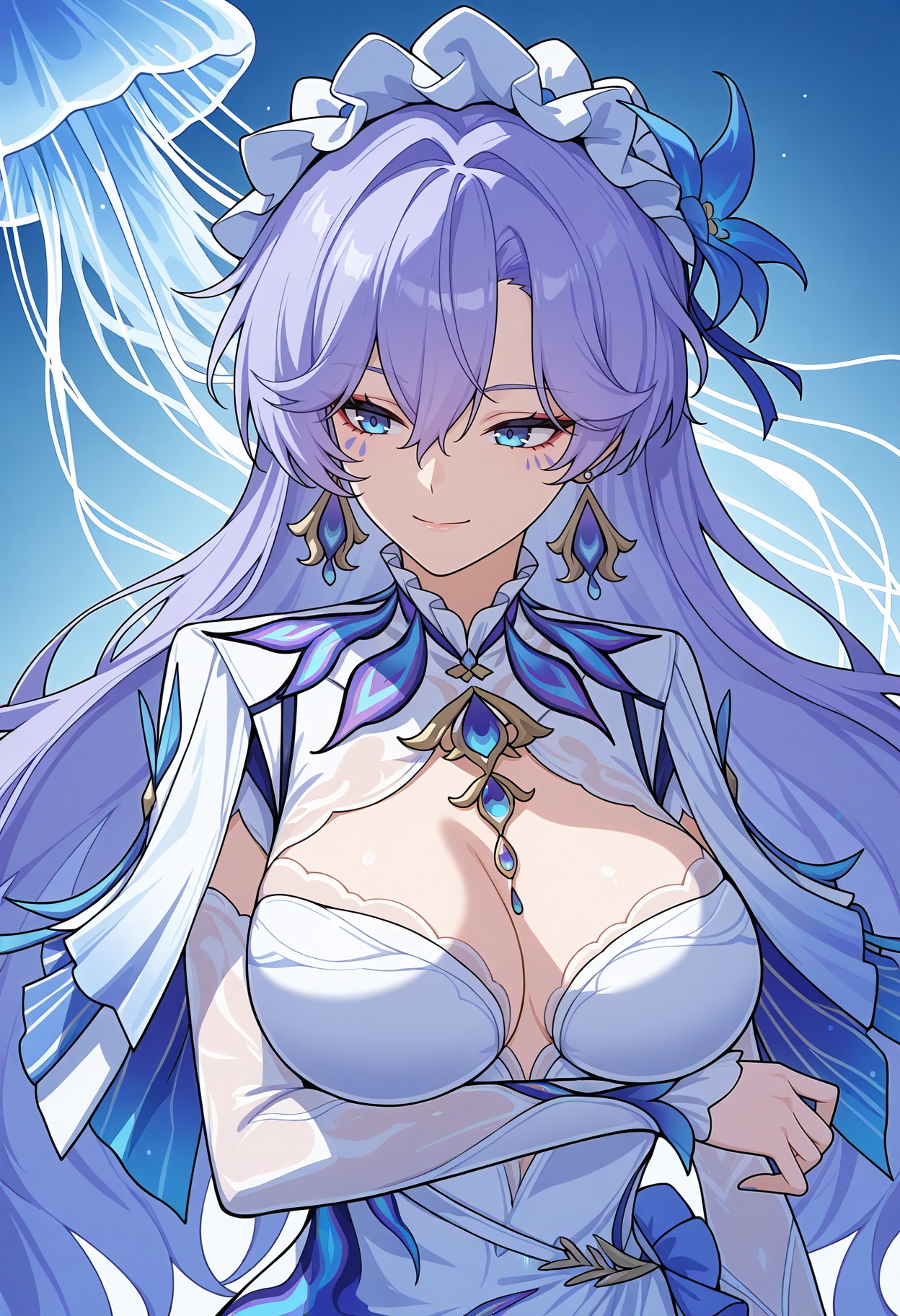 <lora:Cantarella_v1.0_illustrious-000018:1>,facial_mark,Cantarella \(wuthering waves\),1girl,breasts,solo,jellyfish,long hair,upper body,jewelry,blue eyes,white dress,arm under breasts,cleavage,earrings,large breasts,hair ornament,closed mouth,smile,purple hair,flower,hair between eyes,facial mark,hair flower