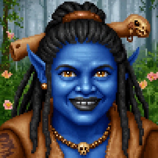Original HoMMM2 style portrait of a smiling chubby tribal Mesoamerican female ogre witch with blue skin. She has black lip...