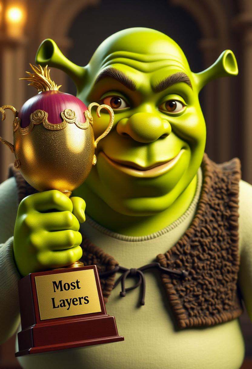 The image is a photograph featuring Shrek holding a golden onion trophy with nameplate text engraved "Most Layers". on Ten...