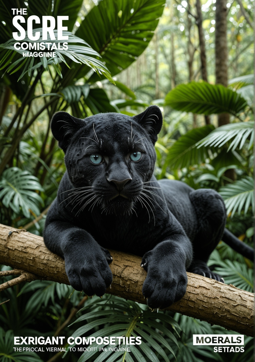 Extreme close-up shot of a macro lens capturing a mini black panther cub with crystal blue eyes with a hint of green,  sit...
