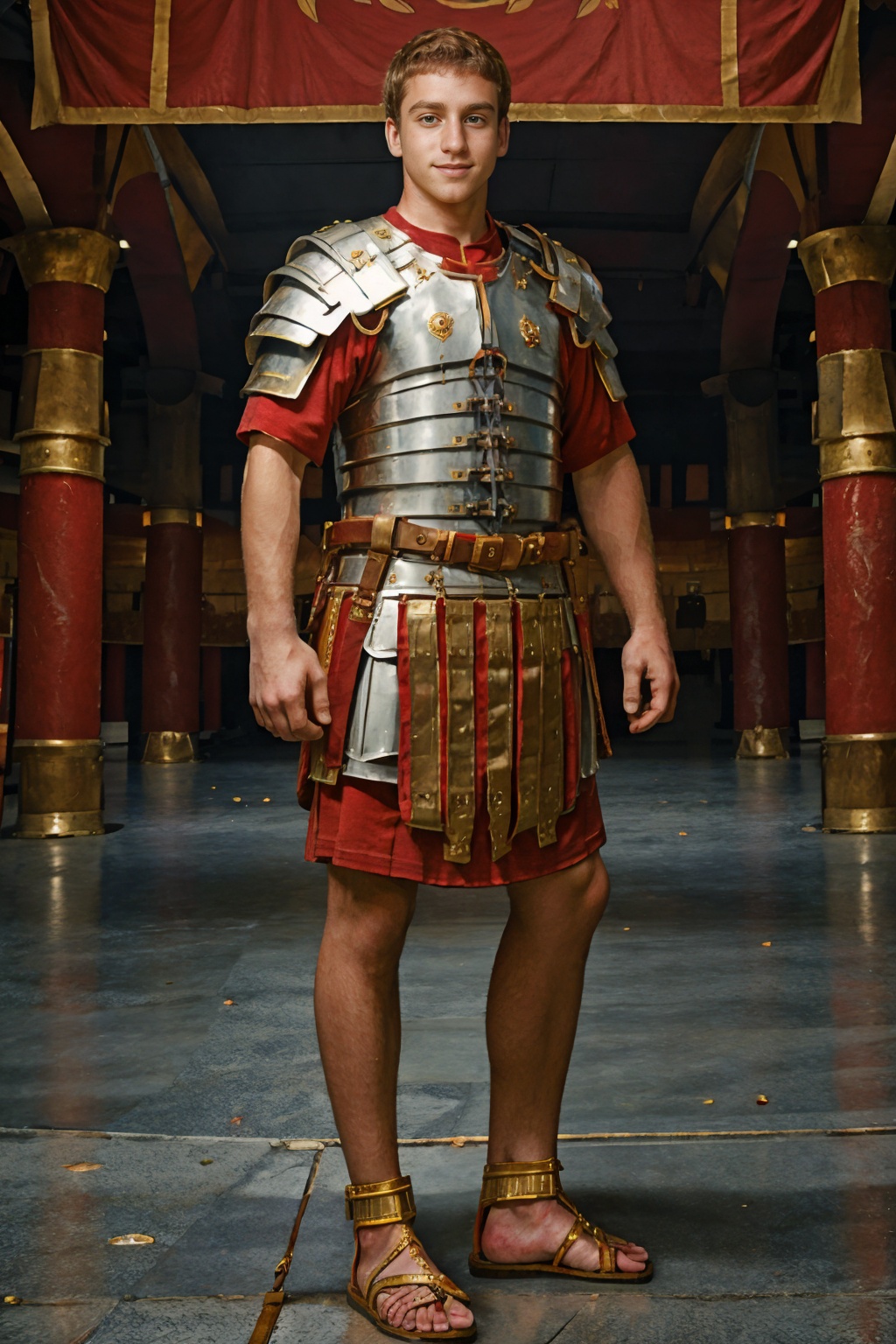 inside the coliseum,  ConnorMaguire is wearing loriseg armor,  (red tunic) on Tensor.Art