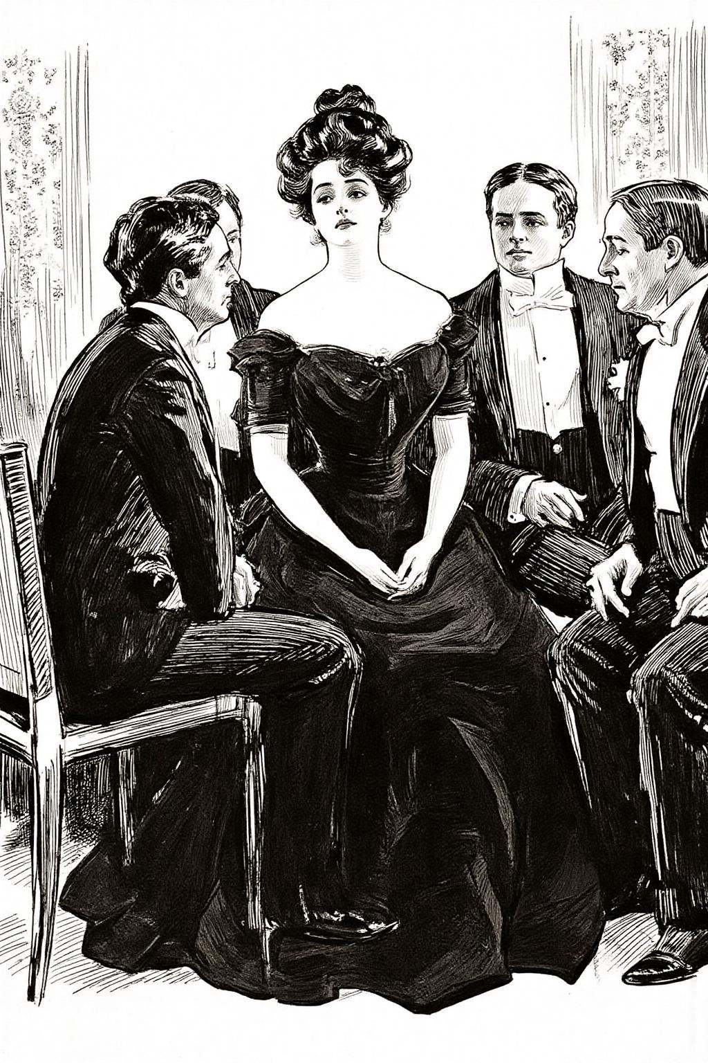 charlesdgibson1 illustration. Five people are sitting on chairs in a grand,  ornate room with elaborate patterns in the ba...