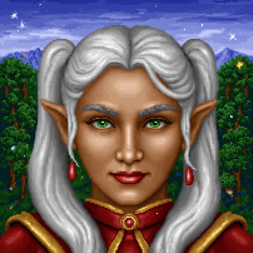 Original HoMM2 style portrait of an elf sorceress Frieren. She has pointy ears,  green eyes,  and white hair with twintail...