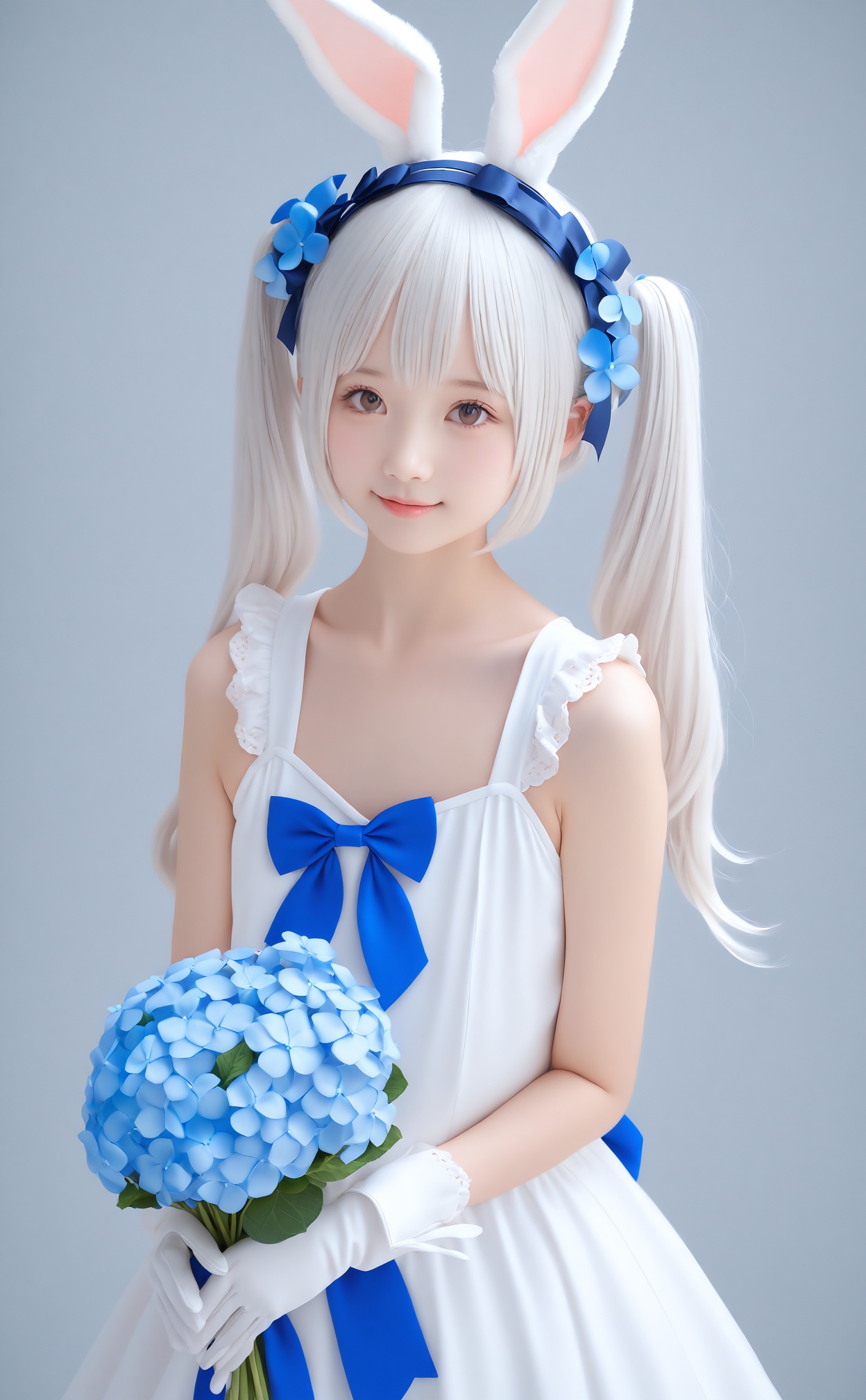 masterpiece,best quality,high quality,1girl,flower,gloves,hair flower,twintails,animal ears,dress,solo,rabbit ears,hair ornament,white gloves,white hair,white dress,brown eyes,smile,looking at viewer,upper body,long hair,blue flower,holding,bow,holding flower,grey background,sleeveless dress,hairband,bouquet,simple background,closed mouth,sleeveless,blue bow,fake animal ears,collarbone,blue ribbon,hydrangea,ribbon,lips,flat chest,holding bouquet,realistic,