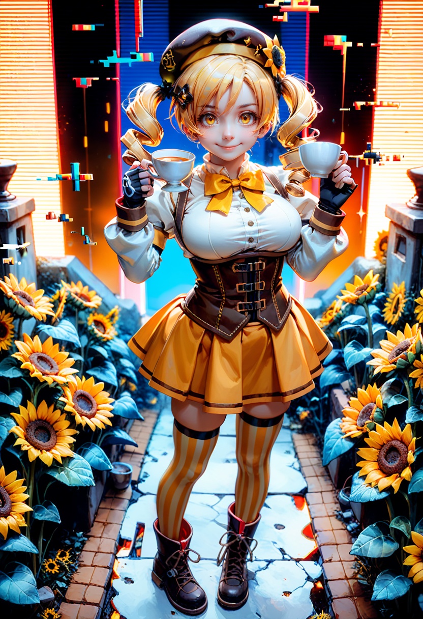ciloranko, ishikei,tomoe mami, 1girl, yellow skirt, charlotte (madoka magica), blonde hair, flower, thighhighs, skirt, smile, corset, sunflower, cup, hat, holding, yellow eyes, full body, gloves, long sleeves, drill hair, striped, holding cup, breasts, puffy sleeves, twin drills, yellow flower, black headwear, fingerless gloves, shirt, looking at viewer, brown footwear, teacup, striped thighhighs, boots, closed mouth, white shirt, beret, black gloves, bow, bangs, detached sleeves, solo, pleated skirt, hair ornament, yellow ribbon, ribbon, bowtie, vertical stripes, zettai ryouiki, neck ribbon, yellow bow, twintails, magical girl, black footwear, large breasts ((dark)), depth of field, vanishing point, death to humanity, chromatic aberration, glitch 