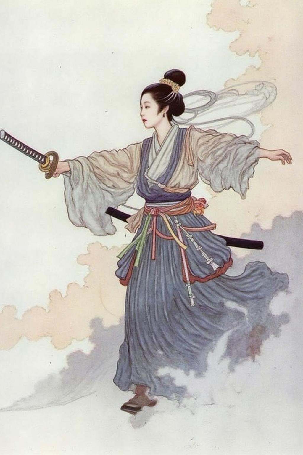 charob1 illustration.a female Japanese samurai warrior wielding a katana,  blending form with reality. Glitching the surre...