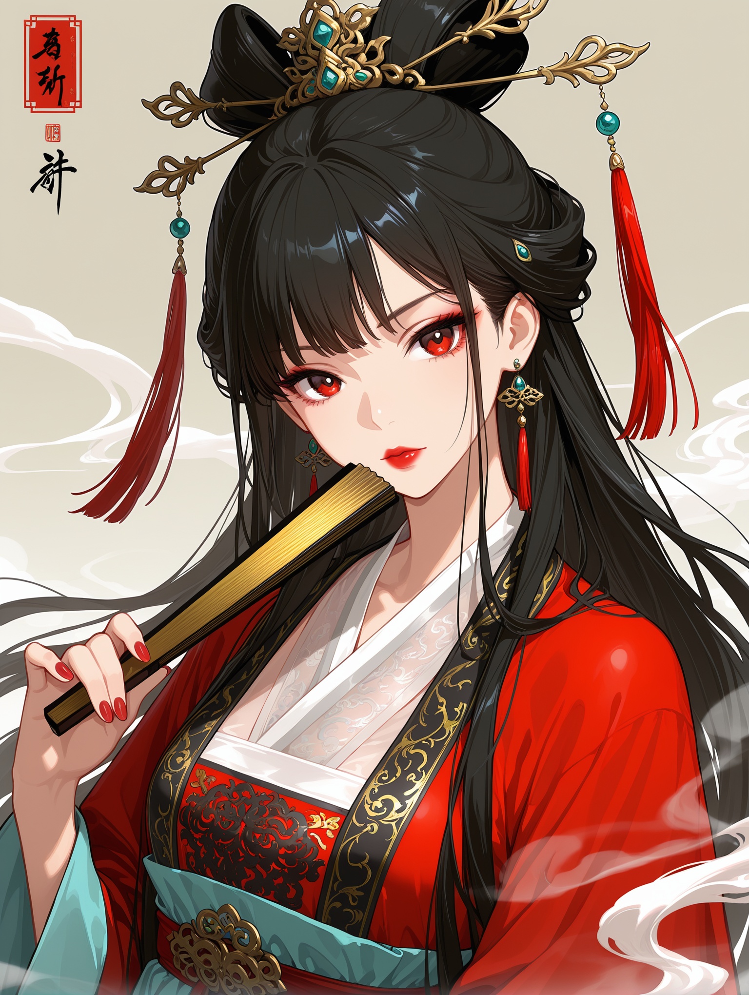1girl, hand fan, solo, black hair, long hair, jewelry, earrings, holding, chinese clothes, hair ornament, holding fan, red nails, looking at viewer, upper body, long sleeves, red lips, folding fan, smoke, hanfu, nail polish ,masterpiece,best quality,