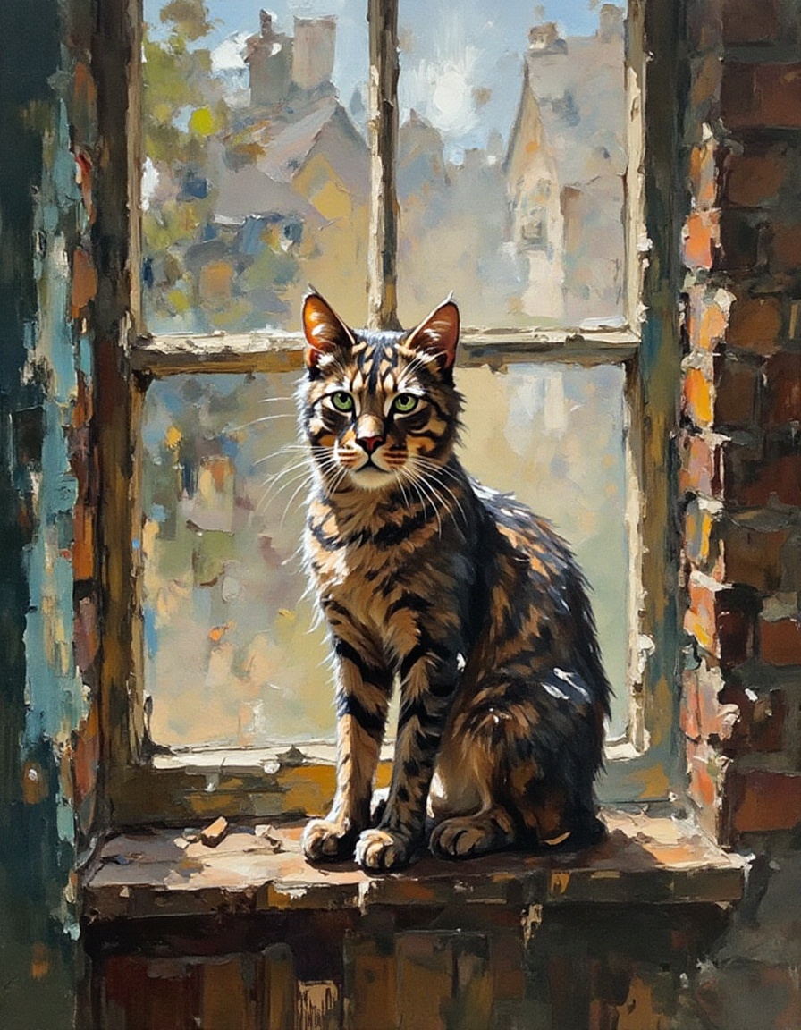 A dibrshstrk style painting,  a cat sitting in a window on Tensor.Art