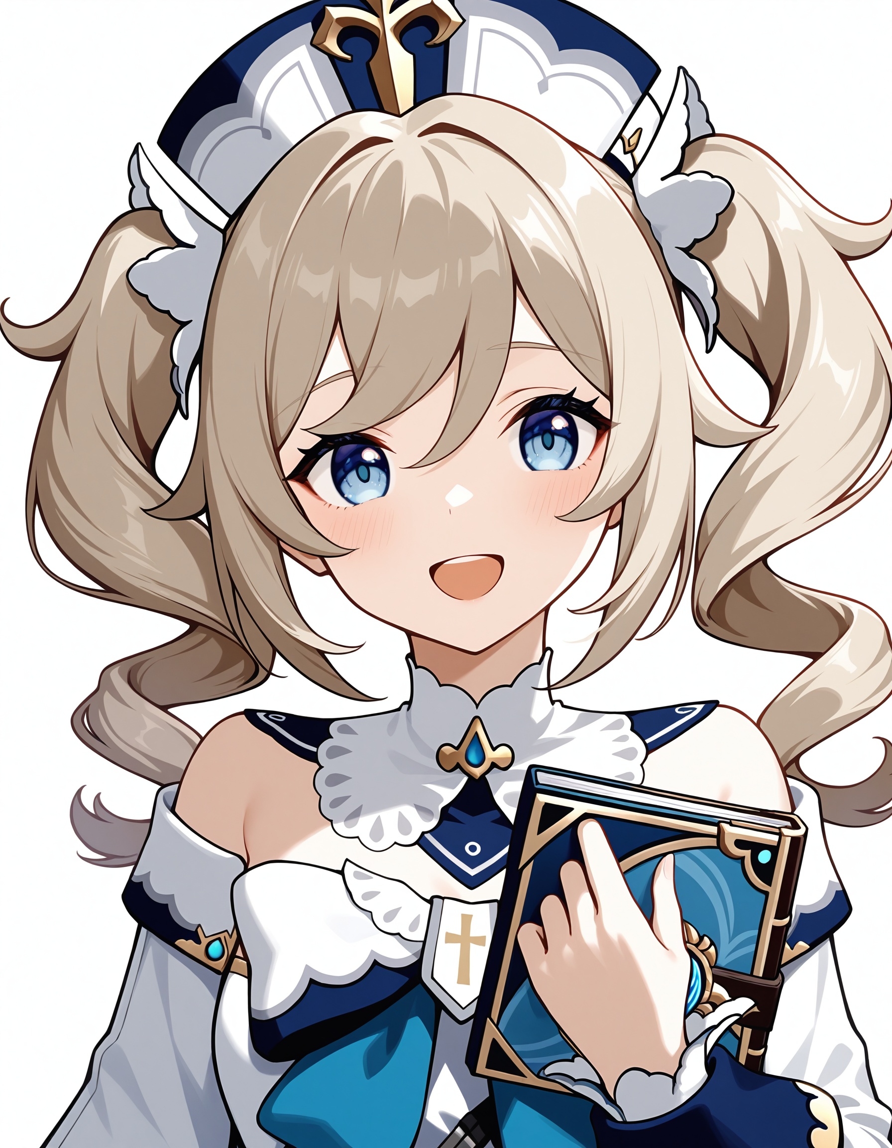 barbara \(genshin impact\),solo,1girl,open mouth,looking at viewer,smile,book,white background,simple background,vision \(genshin impact\),twin drills,cross,:d,holding,
