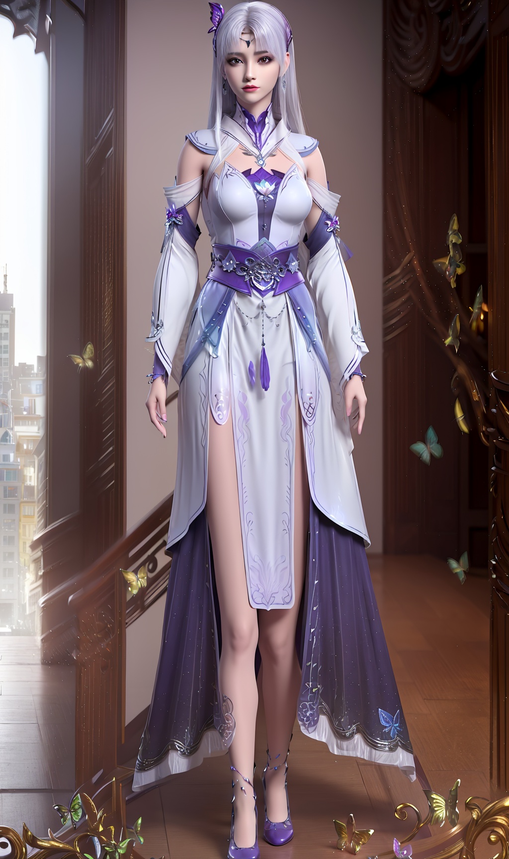 3D,masterpiece,(best quality),(makeup),official art, extremely detailed cg 8k wallpaper,((crystalstexture skin)), (extremely delicate and beautiful),(highly detailed),(face),(collar),(butterfly_hair_clip),(1girl), (solo), (jewelry), (earrings),(white_hair),(long_hair),(hair_ornament),(handwear),(breasts),(standing),((full_body,whole_body)),(dress),(long_skirt),(shiny_clothes),(long_legs,thighs),(city,indoor,bed),(belt),(multicolored_clothes),(multicolored_dress),(anklet),(robe),,((looking_at_viewer)),((Facing the camera)),(purple_shoes),(cloth_shoes),, <lora:hipoly3DModelLora_v10:0.3>