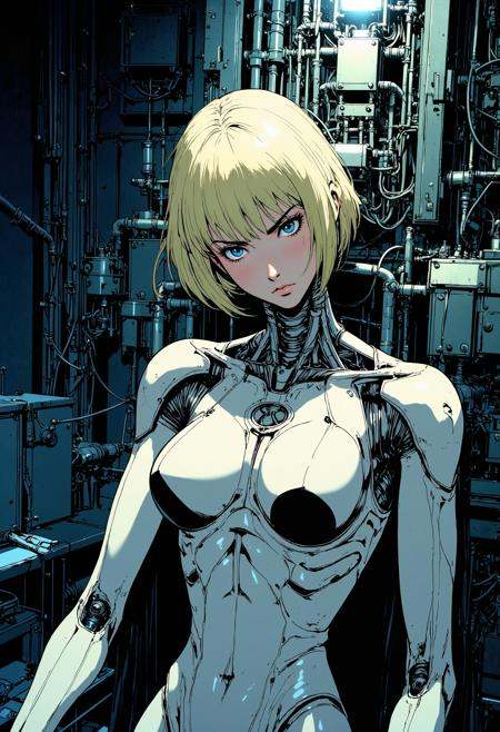 MythR3tr0,  anime style,  a humanoid robot girl with a skeletal structure. The robot is positioned in a seated posture on...