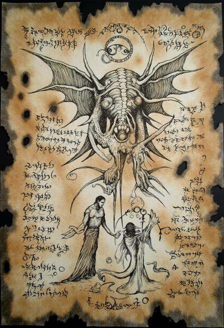 ncrnmcn,  On a heavily aged and tattered page,  a monstrous creature with bat-like wings crouches on Tensor.Art
