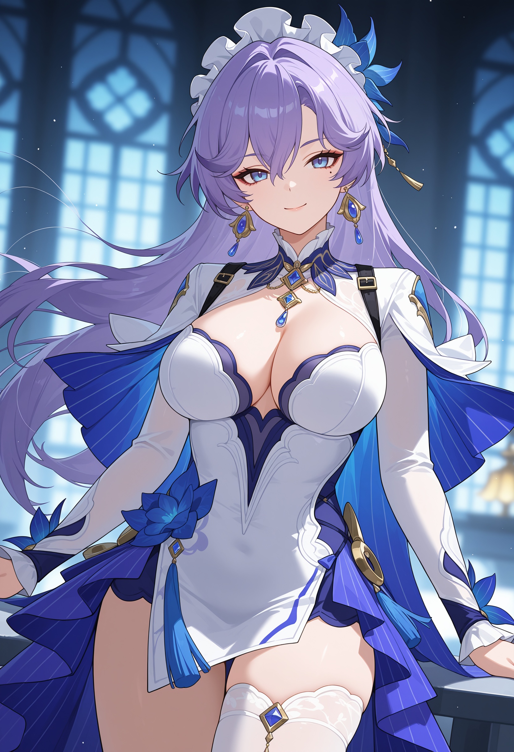 <lora:Cantarella_illustrious-000030:1>,Cantarella \(wuthering waves\),1girl,breasts,solo,blue eyes,jewelry,long hair,earrings,large breasts,cleavage,smile,upper body,purple hair,closed mouth,white dress,cleavage cutout,blurry background,hair ornament,facing viewer,clothing cutout,blurry,long sleeves,mole under eye,white thighhigh,single thighhigh,cowboy_shot,suspenders
