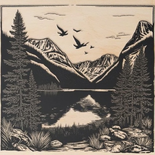 birch wood. Mountain lake and birds. Engraving color scheme on Tensor.Art
