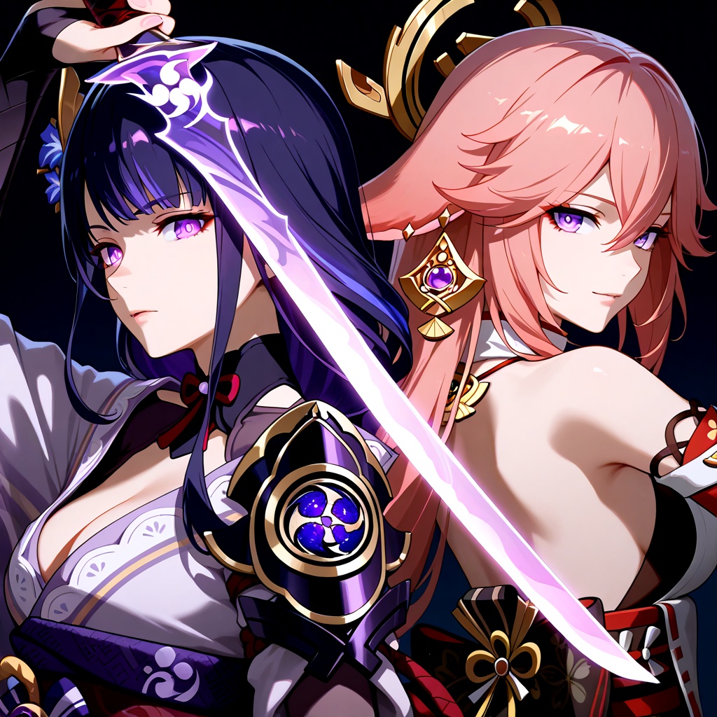 2girls,  glowing eyes,  raiden shogun on Tensor.Art