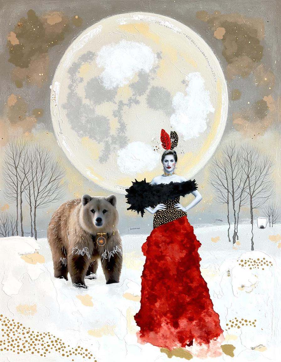 Kate Morgan Art. This is a digital artwork with a surreal,  whimsical style. The central figure is a woman standing in a s...