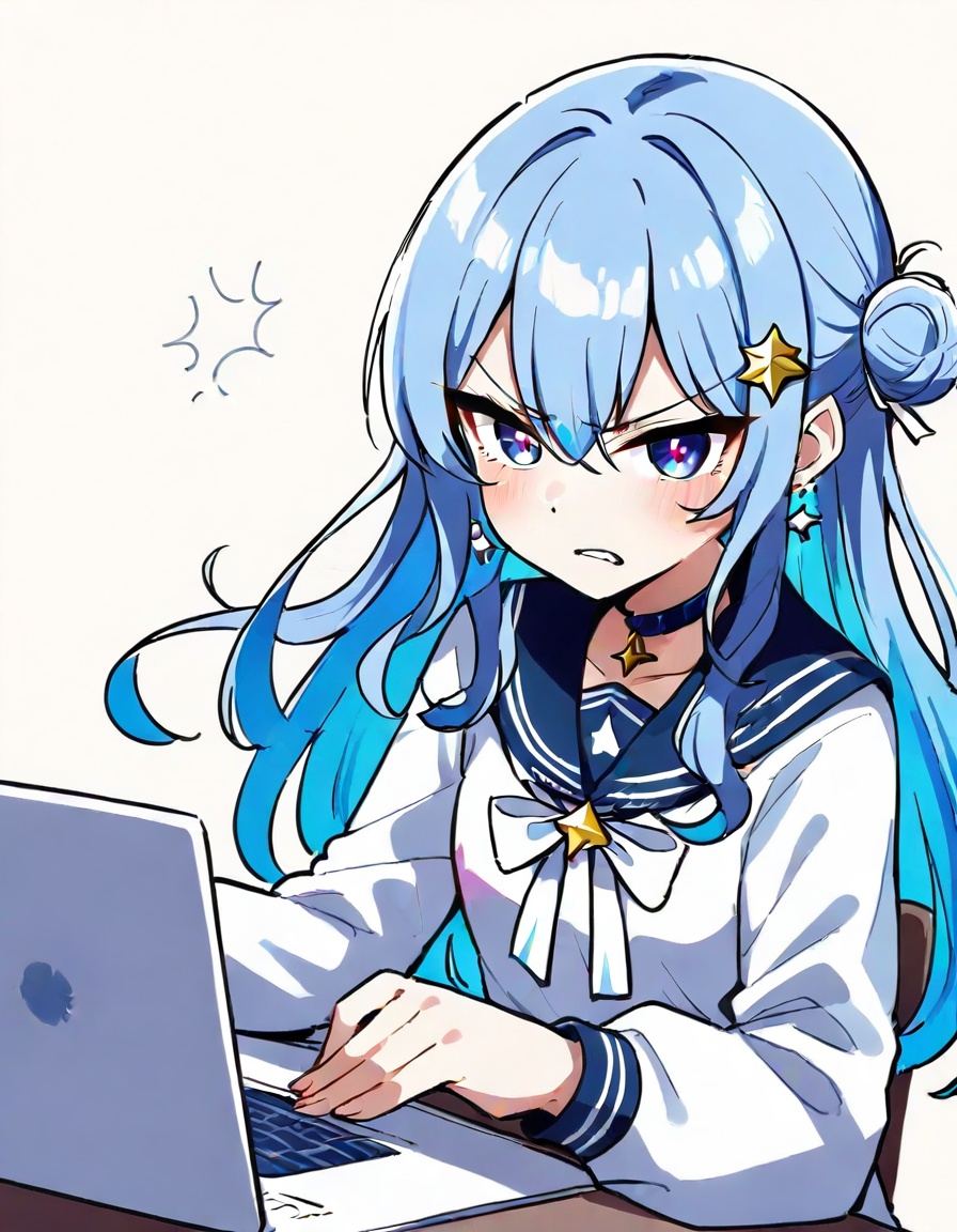 1girl, hoshimachi suisei \(school uniform\), hololive,ke-ta,zmgwshnmspfd, blue eyes, blue hair, symbol in eye, long hair, hair between eyes, bow, earrings, hair bun, ribbon, laptop, angry, blush, solo, jewelry, star \(symbol\), shirt, school uniform, sailor collar, simple background, parted lips, single side bun, computer, star in eye, white background, upper body, star choker, long sleeves, virtual youtuber, blue choker, serafuku, choker, bowtie, looking at viewer, white ribbon, hair ornament<lora:nsnsns:1>​​​