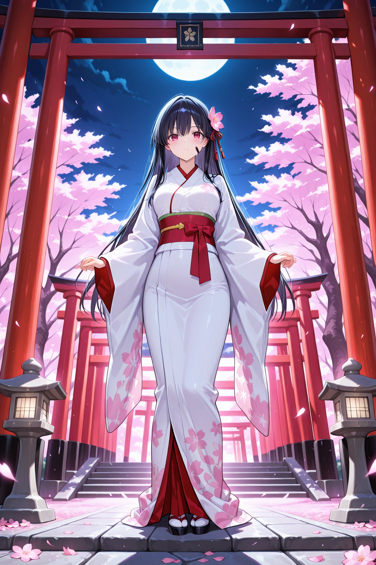 red eyes. She stands in front of torii of temple at midnight. full moon and many fireflys. The scene is vibrant yet slight...