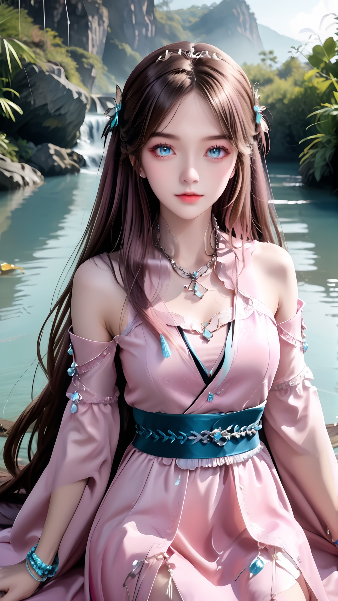 1girl,pink dress,dress,solo,brown hair,long hair,water,hair ornament,sitting,necklace,blue eyes,looking at viewer,sash,jewelry,upper body,<lora:pony宁荣荣-000008:0.8>,
